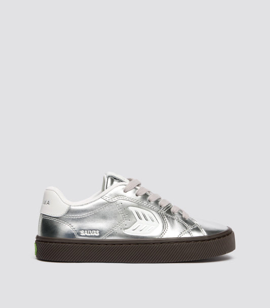 SALVAS Teak Silver Metallic Leather Off-White Logo Sneaker