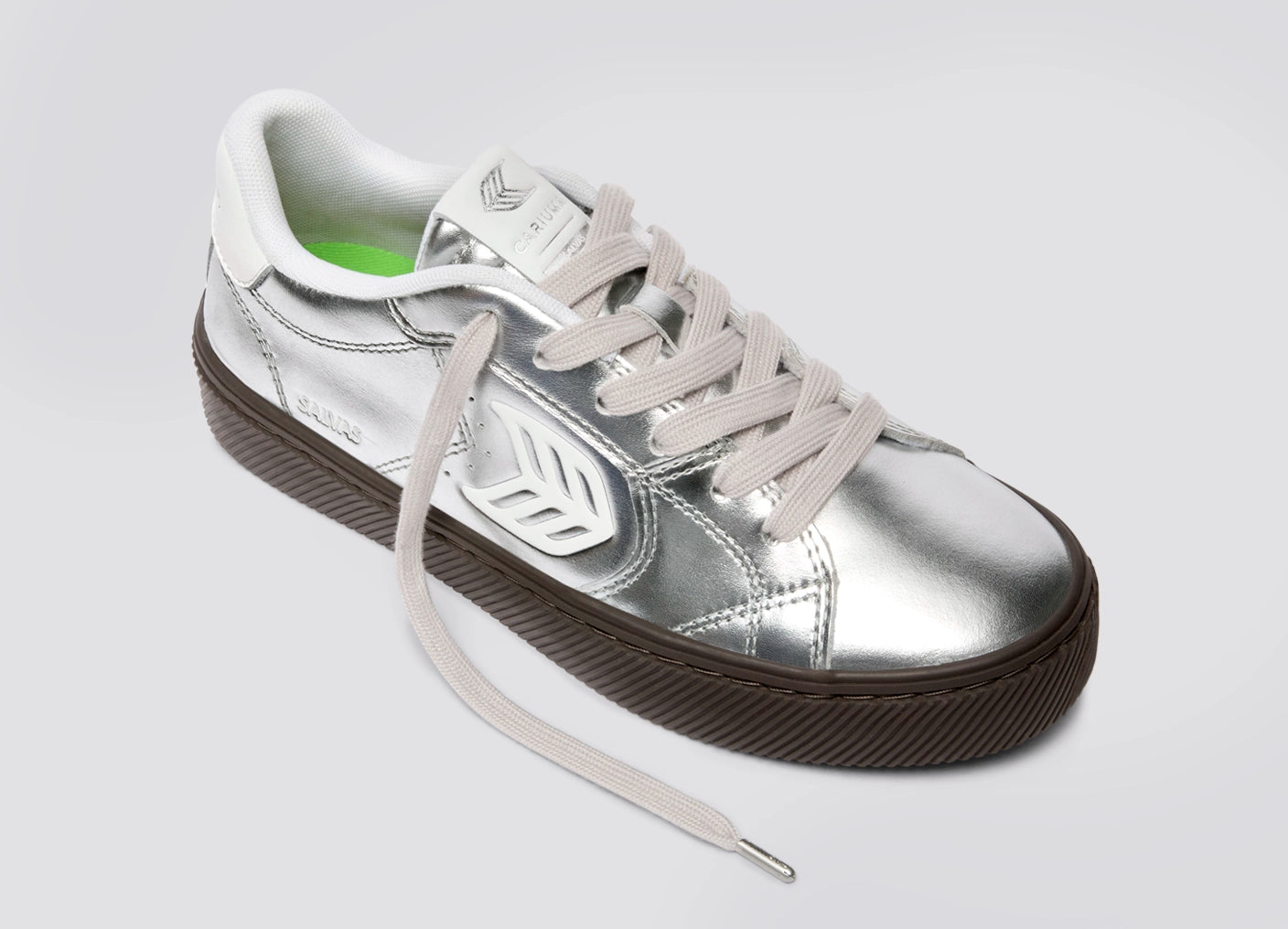 SALVAS Teak Silver Metallic Leather Off-White Logo Sneaker