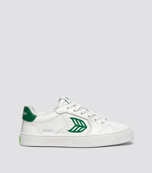 SALVAS White Leather Forest Green Logo Sneaker