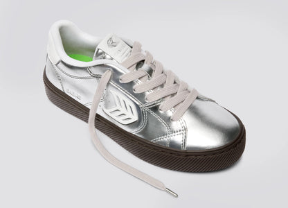 SALVAS Teak Silver Metallic Leather Off-White Logo Sneaker