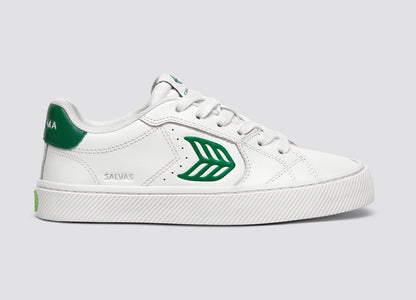 SALVAS White Leather Forest Green Logo Sneaker