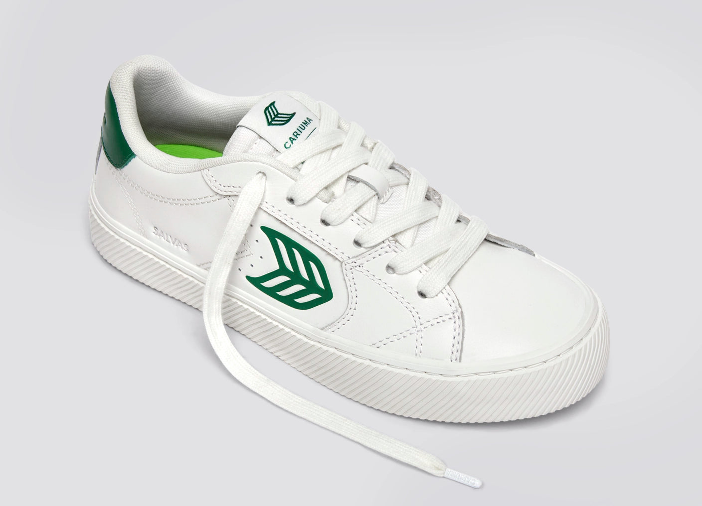 SALVAS White Leather Forest Green Logo Sneaker